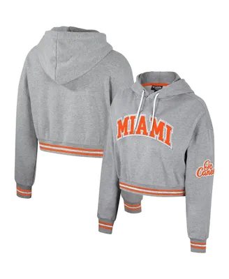 Women's The Wild Collective Heather Gray Distressed Miami Hurricanes Cropped Shimmer Pullover Hoodie