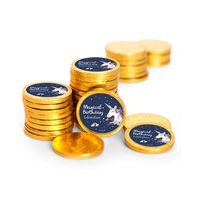 84 Pcs Navy Unicorn Kid's Birthday Candy Party Favors Chocolate Coins with Gold Foil