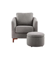 Sherpa Accent Chair with Storage Ottoman Set, Upholstered Barrel Club Arm Chair with Footrest, Modern Living Room Chair with Back Pillow and Wooden Le