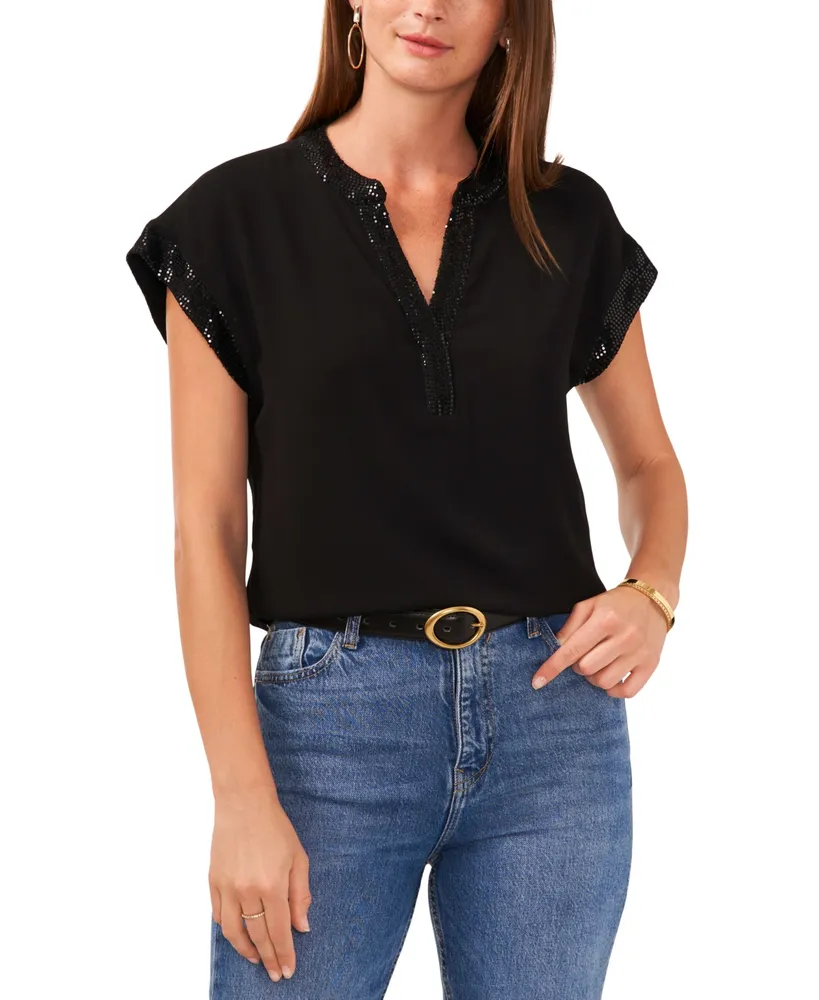 Vince Camuto Women's Sequin-Trimmed Short-Sleeve Top