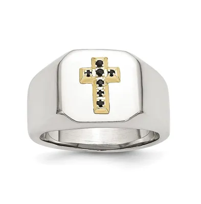 Chisel Stainless Steel 14k Gold Accent Sapphire Cross Signet Ring