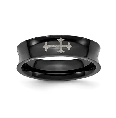 Chisel Stainless Steel Black Ip-plated Cross 6mm Concave Band Ring