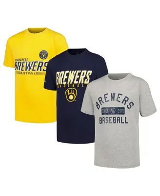 Big Boys Stitches Heather Gray, Navy, Gold Distressed Milwaukee Brewers Three-Pack T-shirt Set