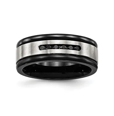 Chisel Stainless Steel Black Ip-plated Cz 8mm Grooved Band Ring
