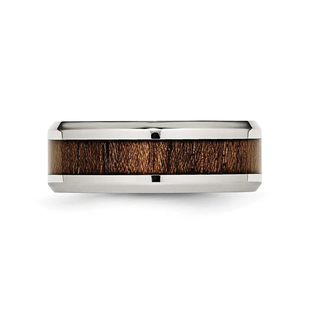 Chisel Stainless Steel Polished Koa Wood Inlay Enameled 8mm Band Ring