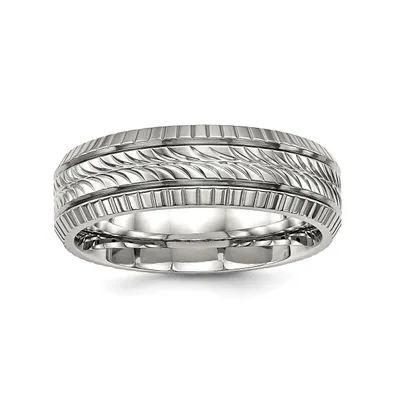 Chisel Stainless Steel Polished and Textured 7mm Grooved Band Ring