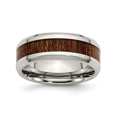 Chisel Stainless Steel Brown Koa Wood Inlay Enameled 8mm Band Ring