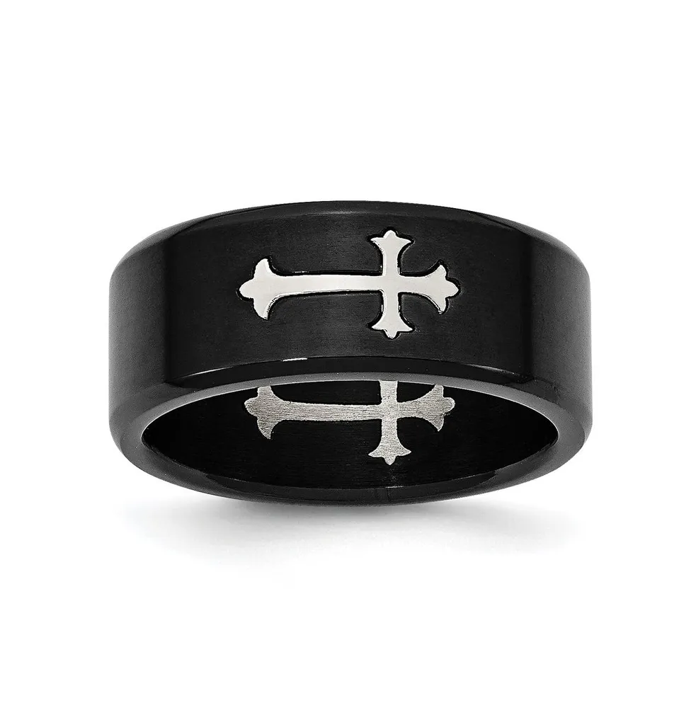 Chisel Stainless Steel Brushed Black Ip-plated Cross 9mm Band Ring