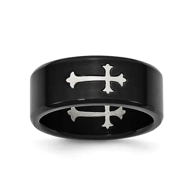 Chisel Stainless Steel Brushed Black Ip-plated Cross 9mm Band Ring