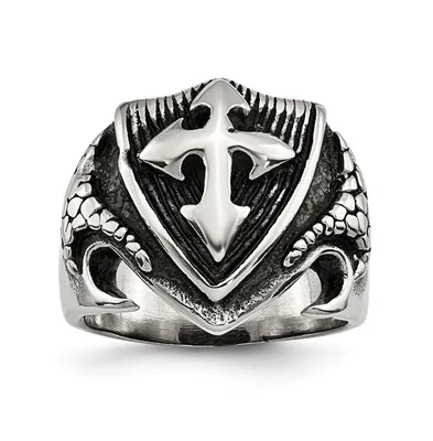Chisel Stainless Steel Antiqued Polished and Textured Shield Ring