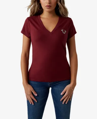 True Religion Women's Short Sleeve Crystal Buddha Slim V-neck T-shirt