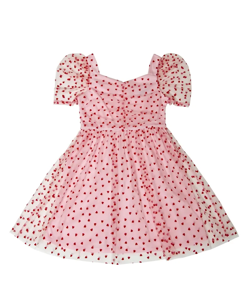 Trixxi Little Girls Short Sleeve Mesh Heart Flocked Dress