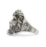 Chisel Stainless Steel Antiqued Black White Crystal Jesus Ring