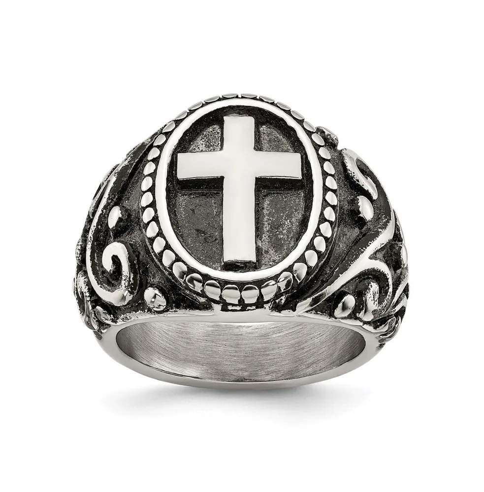 chisel Stainless Steel Antiqued and Polished Cross Ring