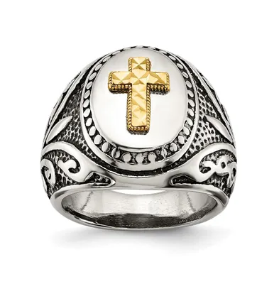 Chisel Stainless Steel 14k Gold Accent Antiqued Polished Cross Ring