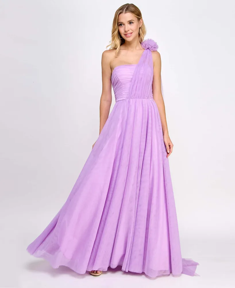 City Studios Juniors' Rosette One-Shoulder Ruched-Bodice Flyaway Gown, Created for Macy's