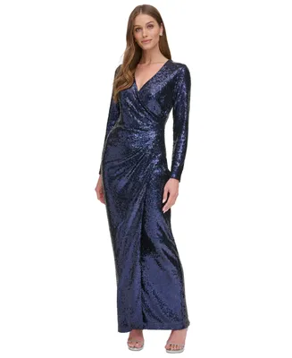 Dkny Women's Long-Sleeve Side-Ruched Sequin Gown