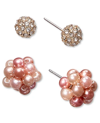 Charter Club Gold-Tone 2-Pc. Set Imitation Pearl Cluster & Crystal Fireball Stud Earrings, Created for Macy's
