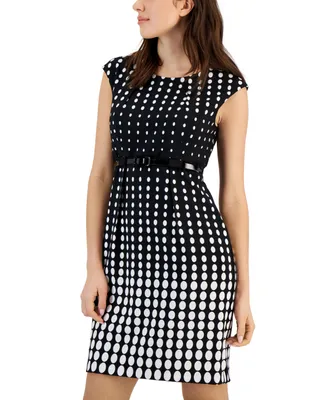 Connected Petite Dotted Cap-Sleeve Belted Sheath Dress