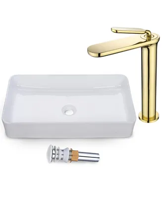Rectangle Ceramic Bathroom Sink and Gold Vanity Mixer Faucet w/Pop Up Drain Kit