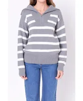 English Factory Women's Striped Knit Zip Pullover Sweater