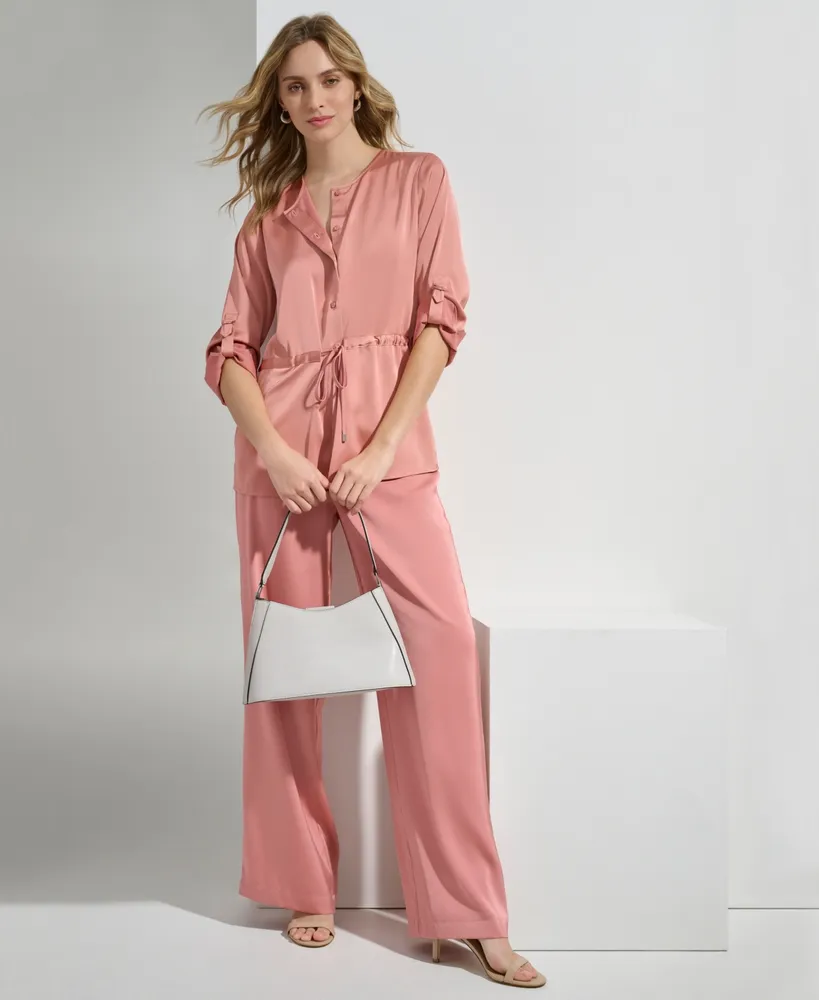 Calvin Klein Women's Satin Drawstring-Waist Button Front Blouse