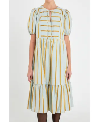 Women's Striped Blouson Midi Dress