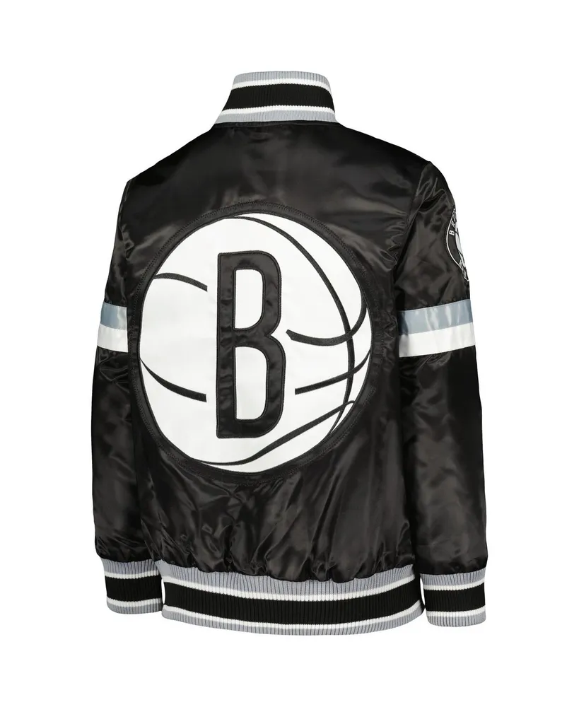 Big Boys Starter Black Brooklyn Nets Home Game Varsity Satin Full-Snap Jacket
