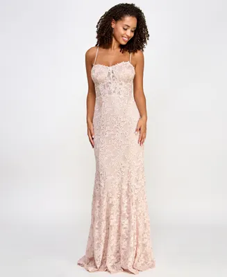 City Studios Juniors' Glitter Lace Bustier Gown with Appliques