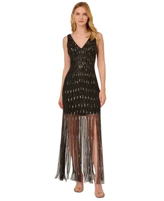 Adrianna Papell Women's Beaded Sheer Hem Gown