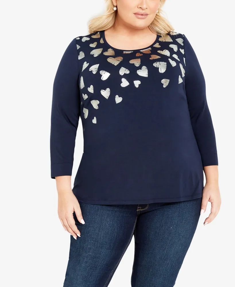 Avenue Plus Size Foil Heart 3/4 Sleeve Top