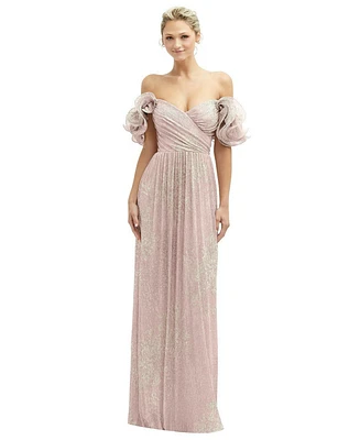 After Six Plus Size Dramatic Ruffle Edge Convertible Strap Metallic Pleated Maxi Dress with Floral Gold Foil Print