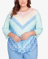 Alfred Dunner Plus Classic Pastels Pleated Neck Chevron Top