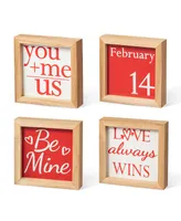 Glitzhome 4" H Valentine's Wooden Block Table Decor, Set of 4