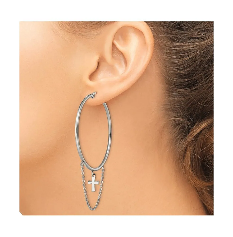Chisel Stainless Steel Polished Chain and Cross Dangle Hoop Earrings
