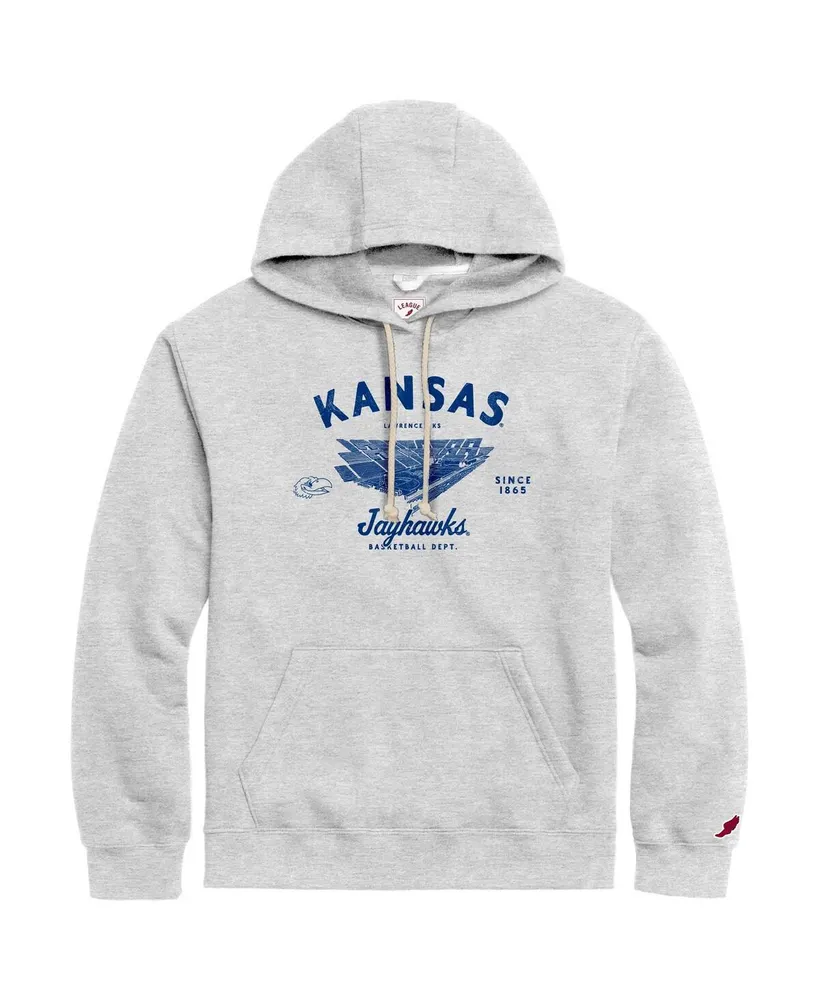 Men's League Collegiate Wear Heather Gray Distressed Kansas Jayhawks Stadium Essential Pullover Hoodie