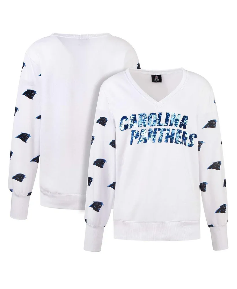 Cuce Women's Cuce White Carolina Panthers Sequin Fleece V-Neck T-shirt