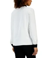 Kasper Women's Contrast-Trim Tie-Neck Long-Sleeve Blouse