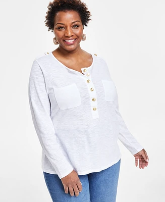 I.n.c. International Concepts Plus Button-Front Long-Sleeve Top, Created for Macy's