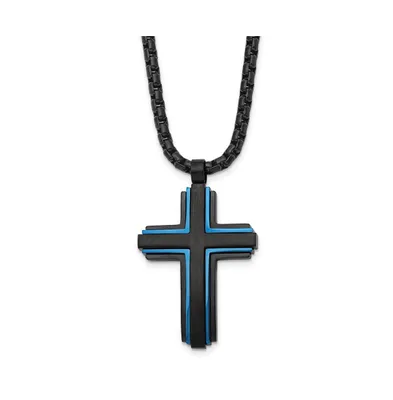 Chisel Brushed Black and Blue Ip-plated Cross Pendant Box Chain