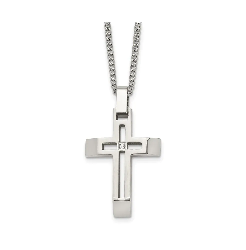 Chisel Brushed and Cz Open Cross Pendant Cable Chain Necklace