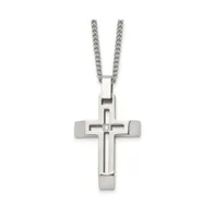 Chisel Brushed and Cz Open Cross Pendant Cable Chain Necklace