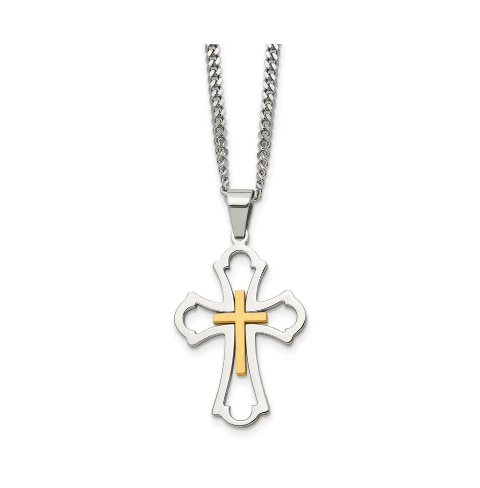 Chisel Brushed Yellow Ip-plated Cross Pendant Curb Chain Necklace