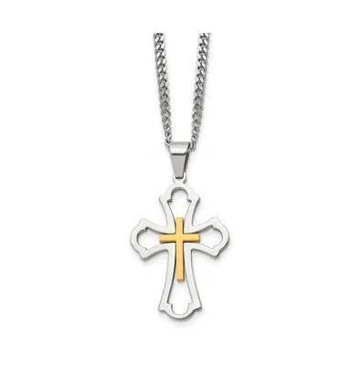 Chisel Brushed Yellow Ip-plated Cross Pendant Curb Chain Necklace