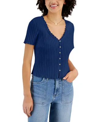 And Now This Women's Lace-Trim Short-Sleeve Rib-Knit Top, Created for Macy's