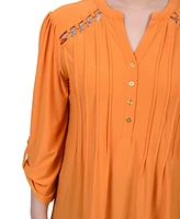 Ny Collection Women's Long Sleeve Pintuck Front Top with Chain Details