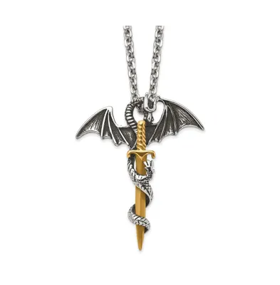 Chisel Antiqued Yellow Ip-plated Dragon on Sword Cable Chain Necklace