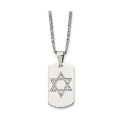 Chisel Polished with Cz Star of David Dog Tag on a Curb Chain Necklace