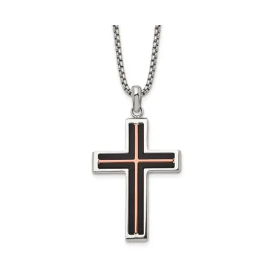 Chisel Brushed Black and Rose Ip-plated Cross Pendant Box Chain Necklace