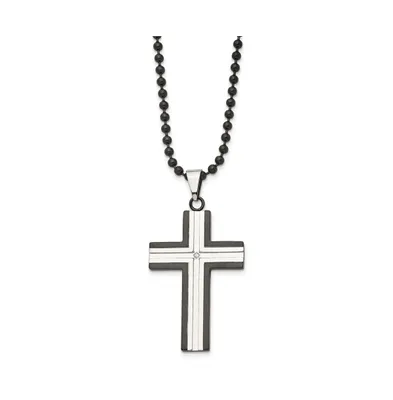 Chisel Black Ip-plated Edges Cz Cross Pendant Ball Chain Necklace